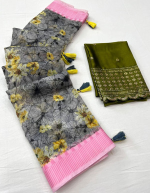 Gray color soft cotton saree with digital printed work