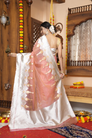 Baby pink  color soft organza silk saree with zari weaving work