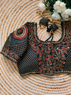 Fancy copper jari heavy embroidery work navy blue color blouse