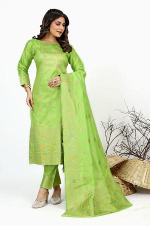 Parrot green color pure soft silk unstitched dress