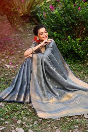 Gray color soft maheshwari silk saree with zari weaving work