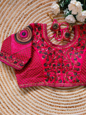 Fancy copper jari heavy embroidery work rani pink color blouse