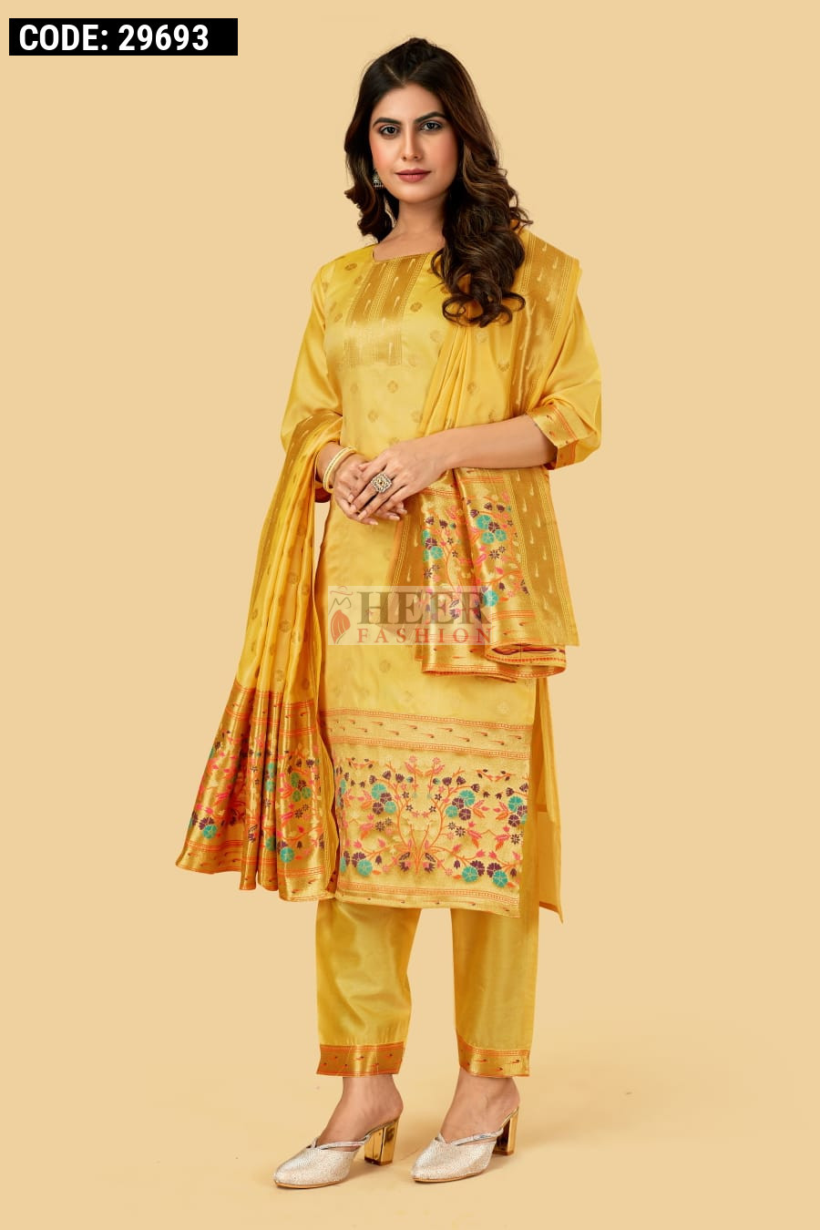 Light yellow color paithani silk unstitched dress Light yellow color paithani silk unstitched dress