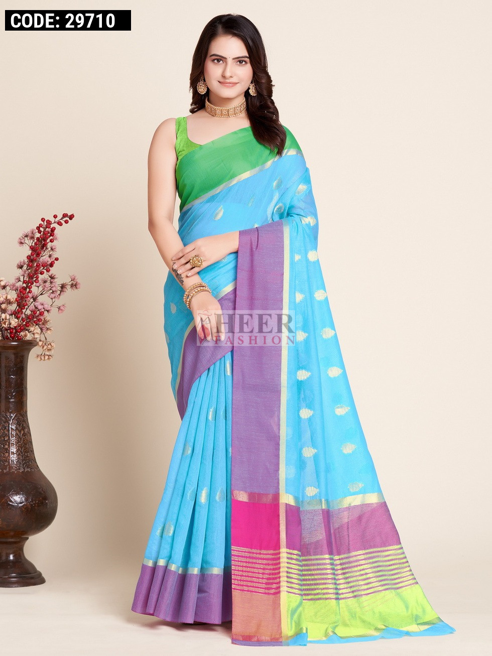 Purple & Blue Soft Muslin Striped Saree