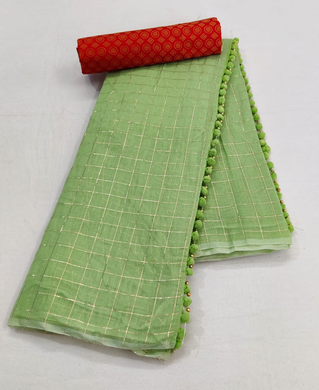 Pista green zari weaving chex cotton saree