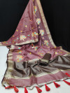 Maroon color linen silk saree with zari woven embroidered work