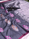 Gray color lichi silk weaving jacquard saree