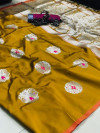 Mustard yellow color soft kesari silk saree with zari woven work