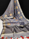 Gray color linen silk saree with zari woven embroidered work