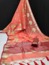 Peach color linen silk saree with zari woven embroidered work