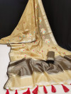 Cream color Linen silk saree with zari woven embroidered work