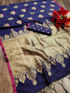 Navy blue color pure cotton silk saree with zari weaving work