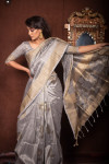 Gray color soft mulberry silk saree with zari woven butta and border