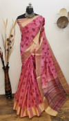 Pink color aasam silk kotki printed saree with zari woven work