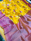 Yellow color kanchipuram handloom silk saree with zari work