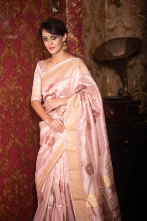 Pink color soft mulberry silk saree with zari woven butta and border