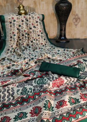 Raw silk printed saree with contrast border