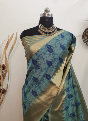 Firoji color aasam silk kotki printed saree with zari woven work
