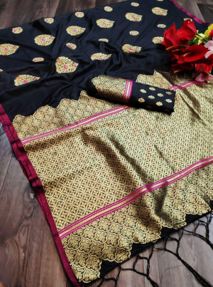 Black color pure cotton silk saree with zari weaving work