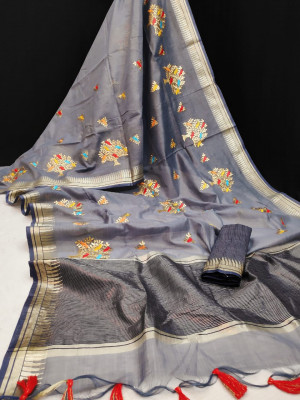Gray color linen silk saree with zari woven embroidered work