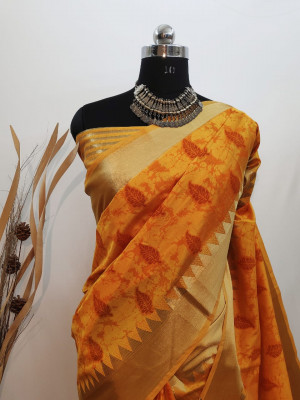 Yellow color aasam silk kotki printed saree with zari woven work