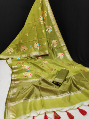 Mehndi green color Linen silk saree with zari woven embroidered work