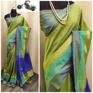 Mehndi green color raw silk saree with  weaving pallu