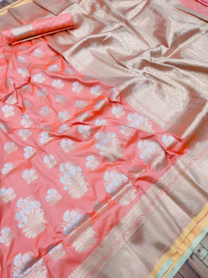 Peach color kanchipuram silk handloom saree with zari work