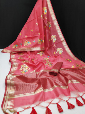 pink color linen silk saree with zari woven embroidered work