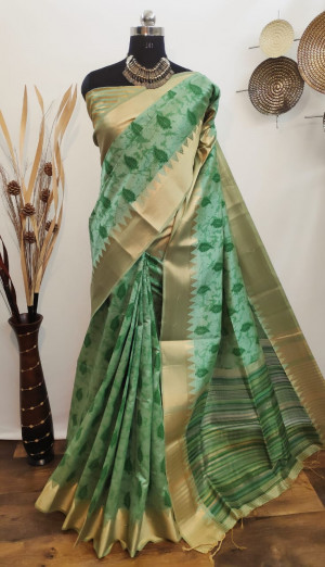 Green color aasam silk kotki printed saree with zari woven work