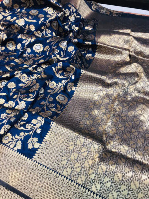 Navy blue color kanchipuram handloom silk saree with silver and golden zari work