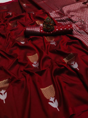 Red color soft lichi silk saree with golden and silver zari weaving work
