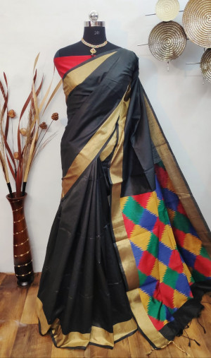Handloom raw silk saree with ikat woven pallu