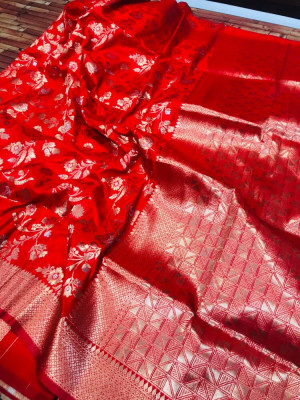 Red color kanchipuram handloom silk saree with silver and golden zari work