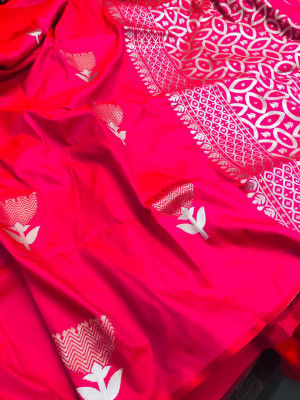 Pink color soft silk saree with golden and silver zari weaving work