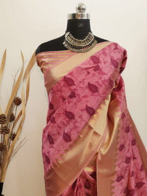 Pink color aasam silk kotki printed saree with zari woven work