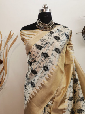 White color aasam silk kotki printed saree with zari woven work