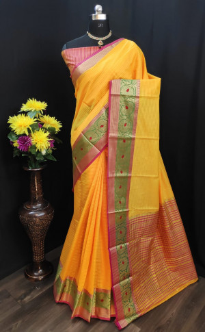 Yellow color Soft Cotton silk weaving design saree