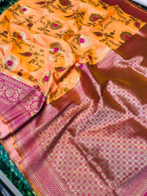 Orange color kanchipuram handloom silk saree with zari work