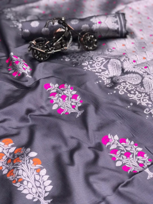 Gray color lichi silk weaving jacquard saree