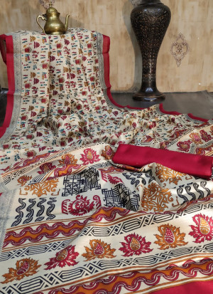 Raw silk printed saree with contrast border