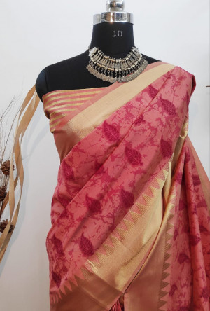 Red color aasam silk kotki printed saree with zari woven work