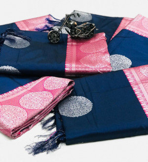 Navy blue color lichi silk jacquard weaving saree
