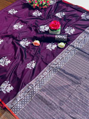 purple color soft banarasi silk saree with woven work