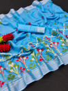 Sky blue color linen silk saree with embroidery work