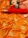 Orange color soft lichi silk saree with golden & silver zari weaving work