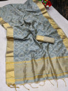 Gray color assam silk saree with bandhani print