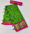 Parrot green color soft linen cotton saree with zari weaving border