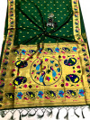 Green color paithani silk saree with golden zari woven work