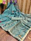 Rama Green color cotton silk saree with embroidery work